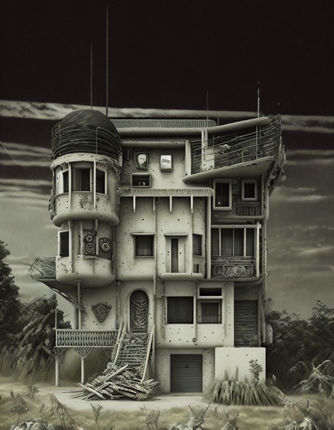 Dystopian monochrome image of dilapidated multi-story building