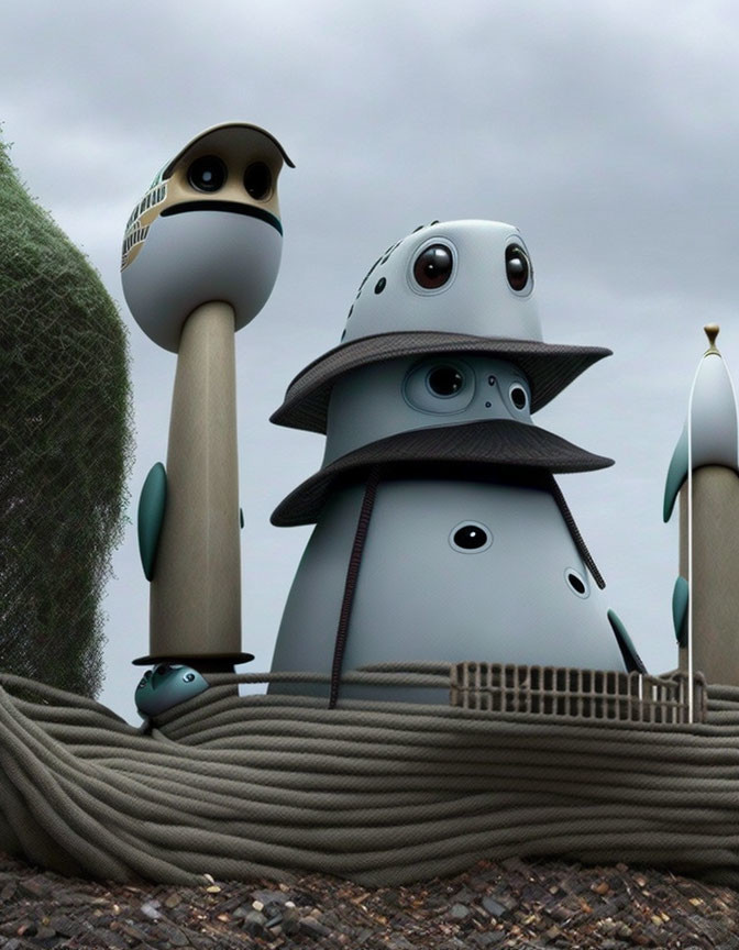 Stacked cartoonish robotic characters as surveillance cameras and loudspeakers against cloudy sky