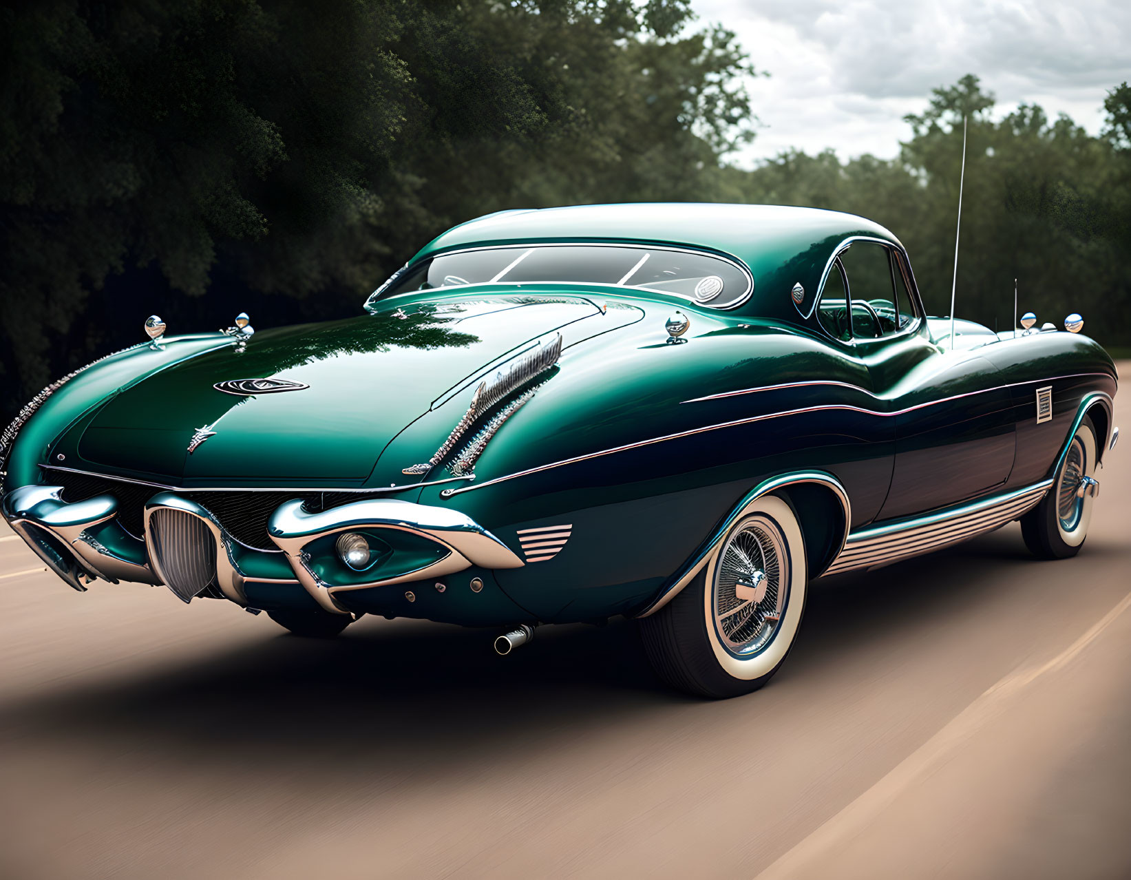 Classic Teal Car with Chrome Accents and White Wall Tires Driving on Tree-Lined Road