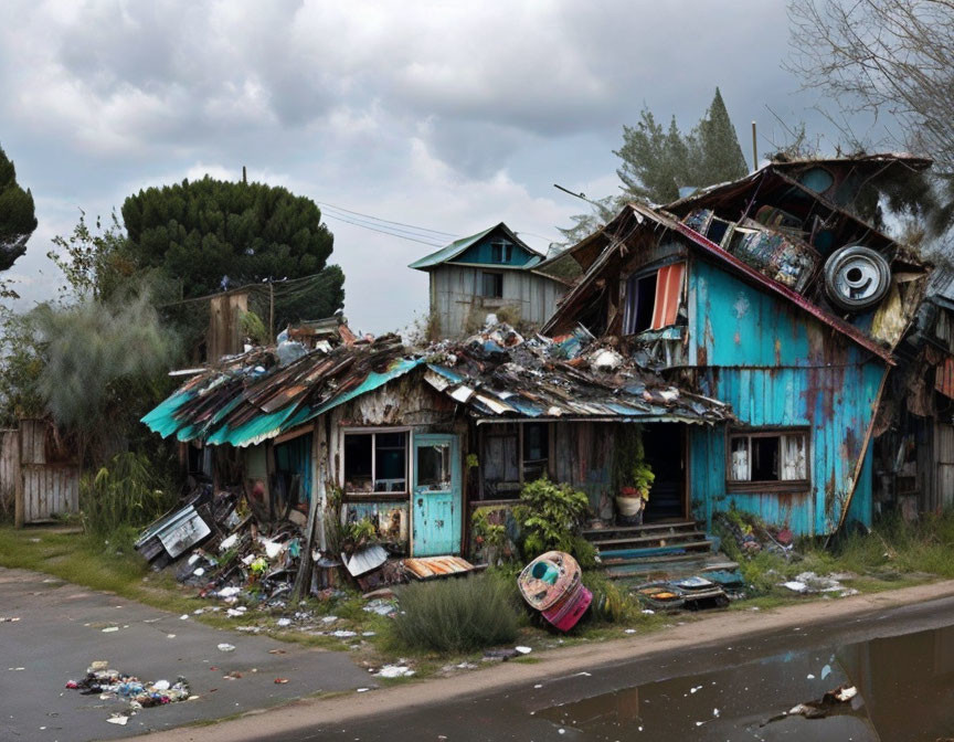 Abandoned blue wooden house with damaged roof by roadside