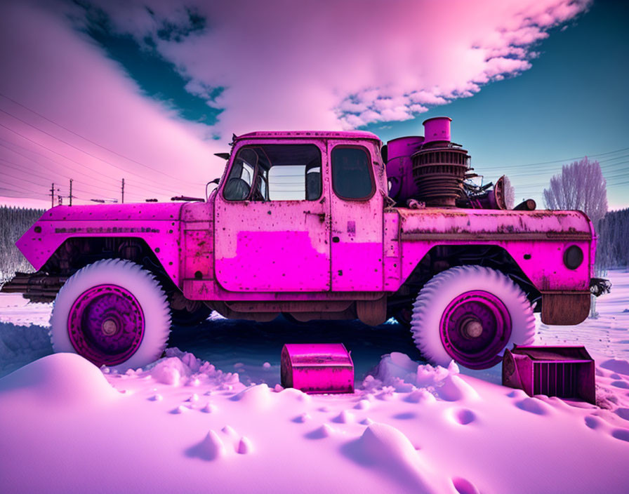 Pink modified truck with oversized tires parked in snowy landscape