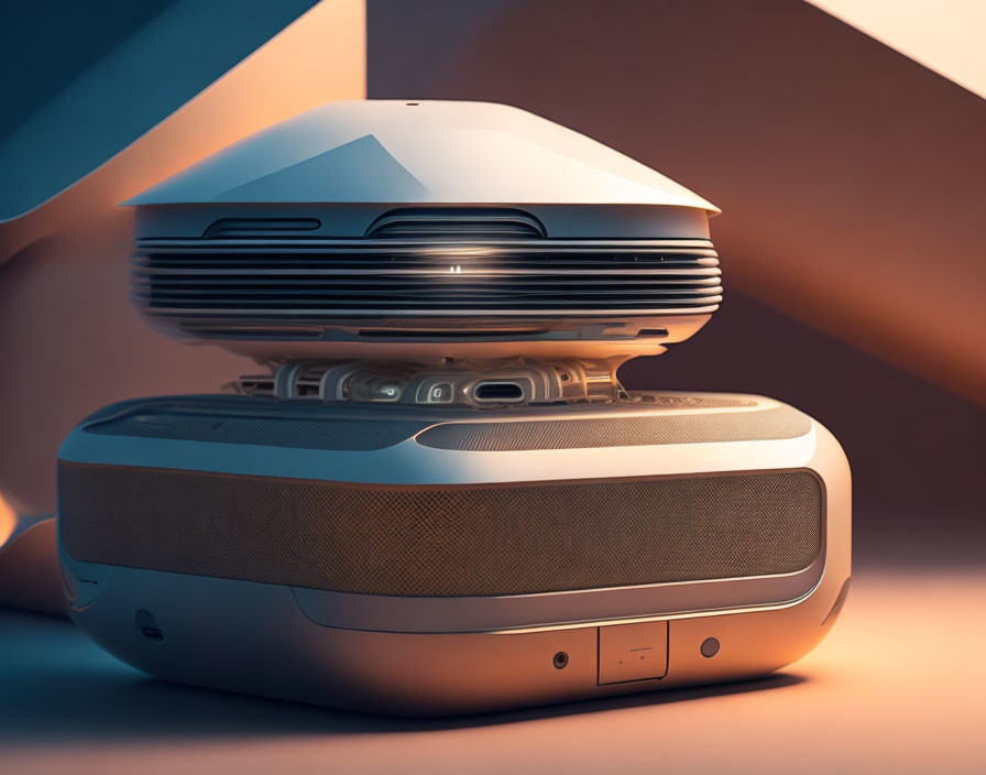 Abstract futuristic device with projector and speaker elements in warm lighting