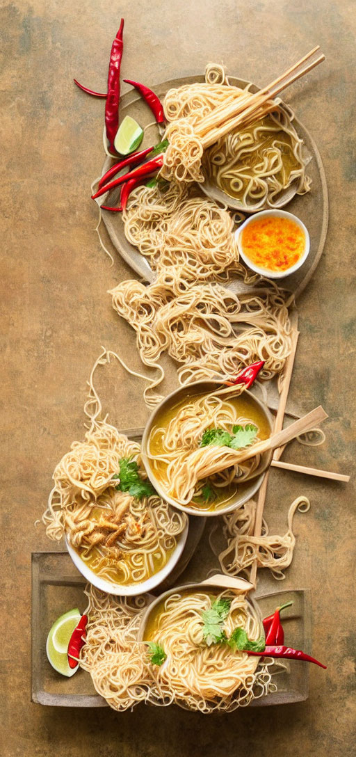 Asian noodle soup bowls with chopsticks, lime, herbs, chili peppers on rustic background