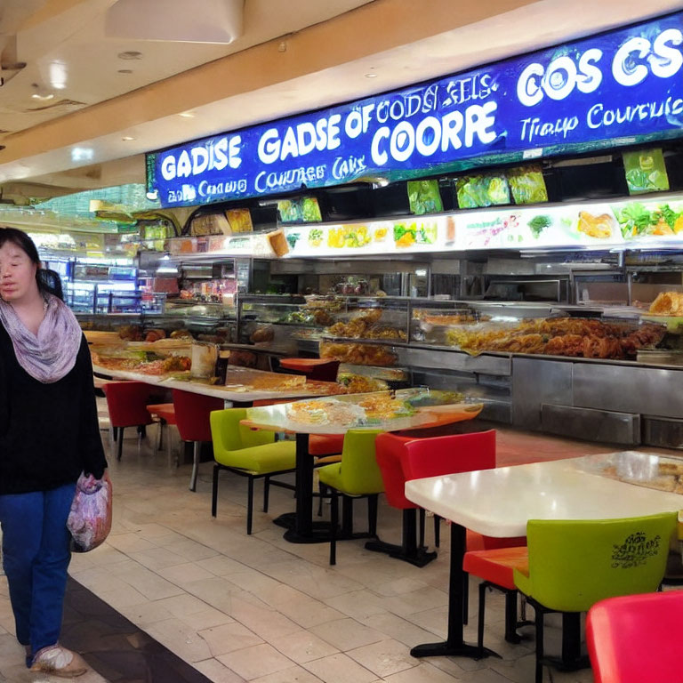 Woman walking past diverse food court with displayed dishes and empty red-green chairs