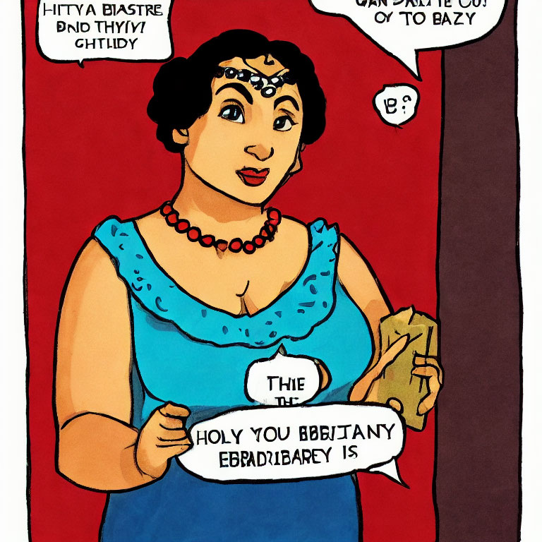 Stylized illustration of woman in blue dress with speech bubbles