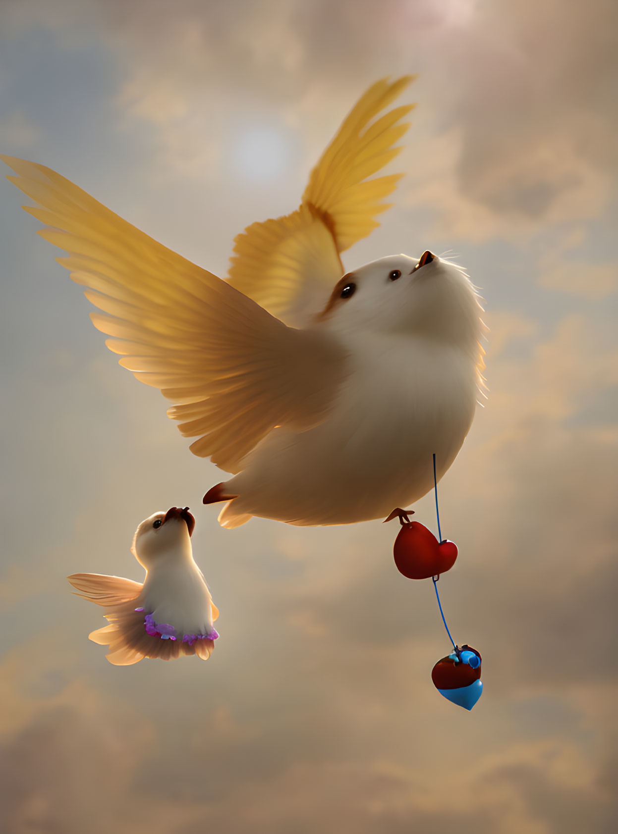 Stylized birds with fluffy bodies and oversized wings carrying heart-shaped fruits against a cloudy sunset sky