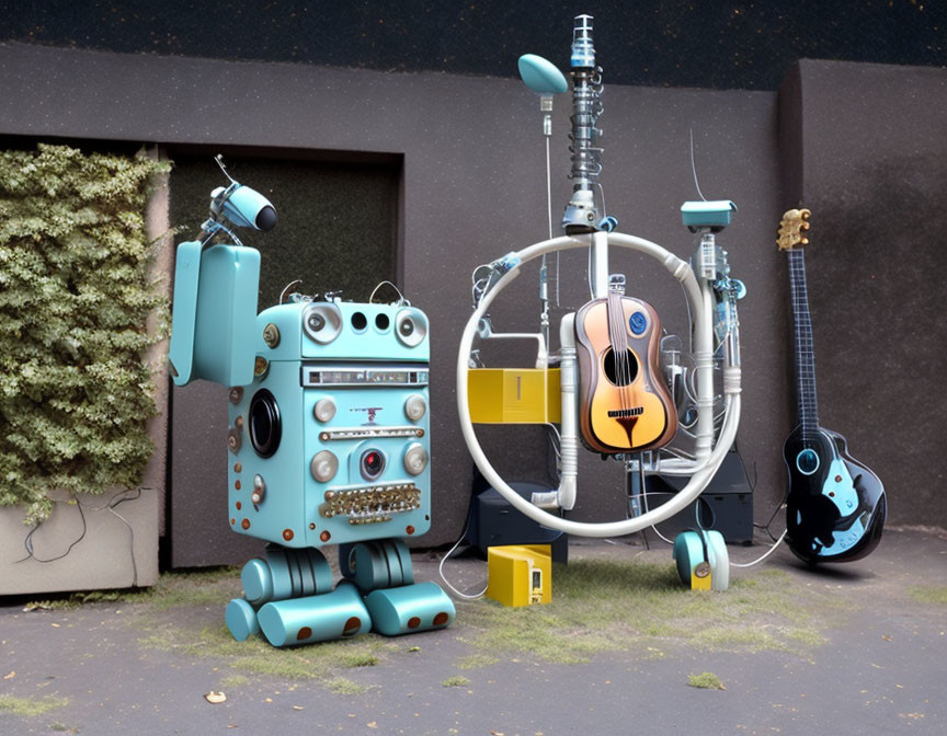 Vintage-style robots playing guitar and singing in urban setting