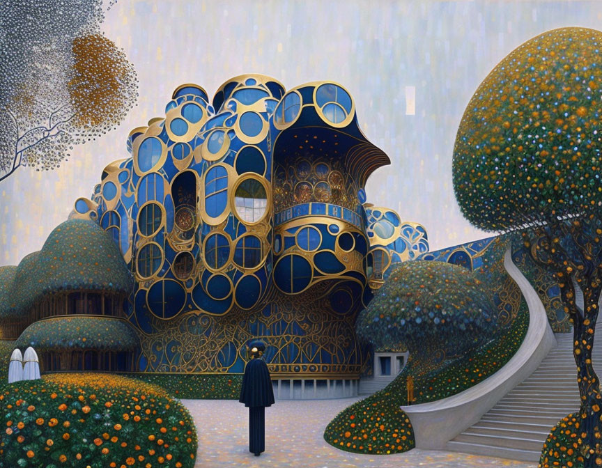 Whimsical blue house with circular patterns and stylized trees