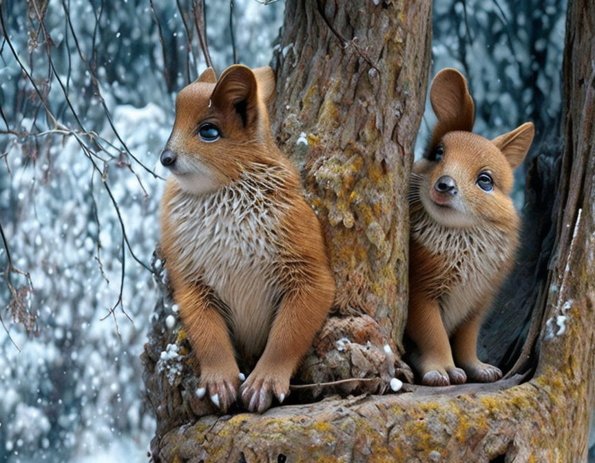 Squirrel-like creatures with human-like eyes in snowy tree hollow