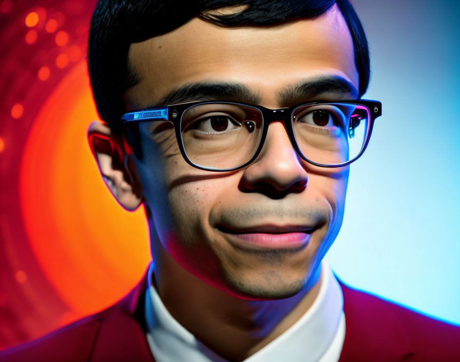 Person in Glasses and Red Blazer on Vibrant Blue and Orange Background