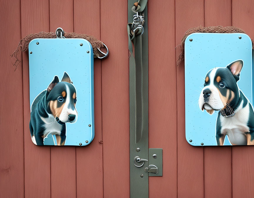 Dog illustrations on hangable plaques on wooden fence with metal latches