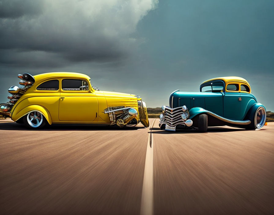 Vintage cars with custom paint jobs on open road under dramatic sky