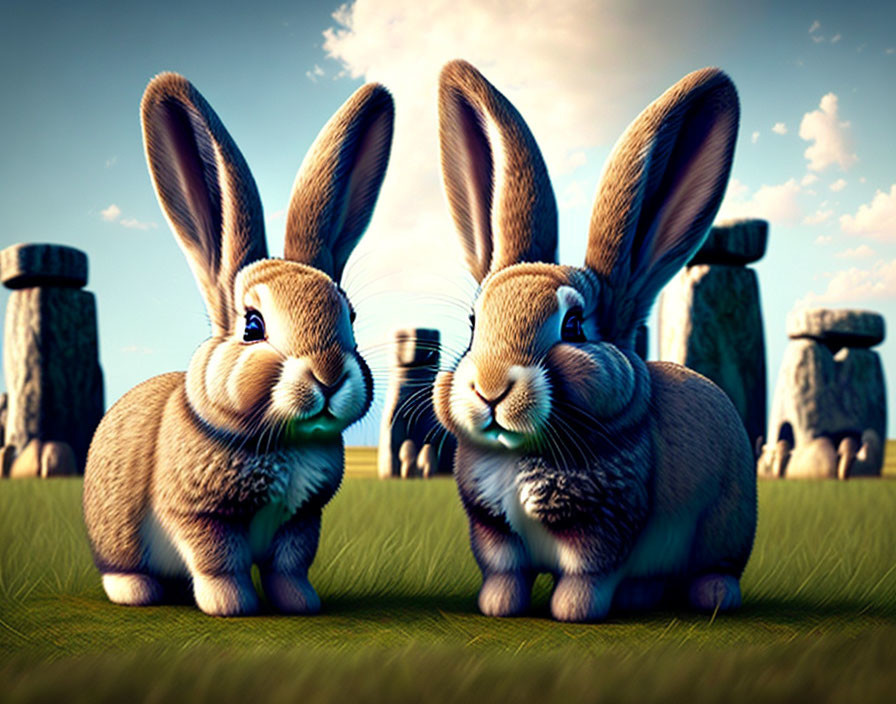 Cartoon rabbits in grassy field with stone pillars under blue sky