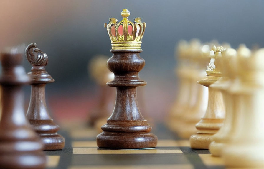 Dark wooden chess king with golden crown on chessboard, surrounded by blurred pieces