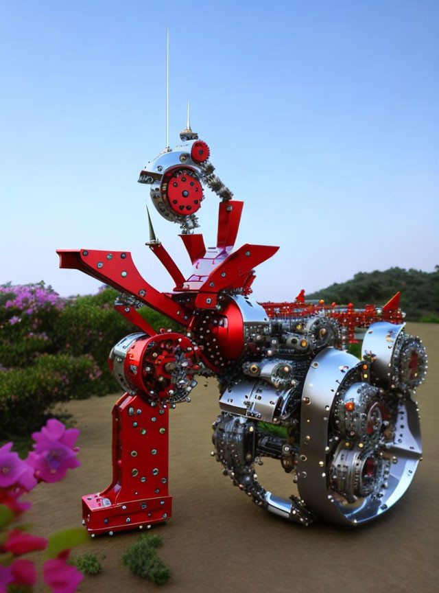 Vibrant red and silver mechanical sculpture with intricate details on natural background.