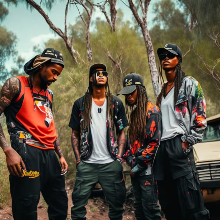 Four individuals in trendy streetwear near a vehicle