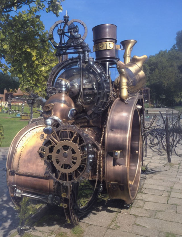 Steampunk-style outdoor sculpture with metallic gears, pipes, and top hat under blue sky