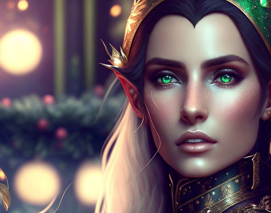 Ethereal female digital illustration with green eyes and elfin crown