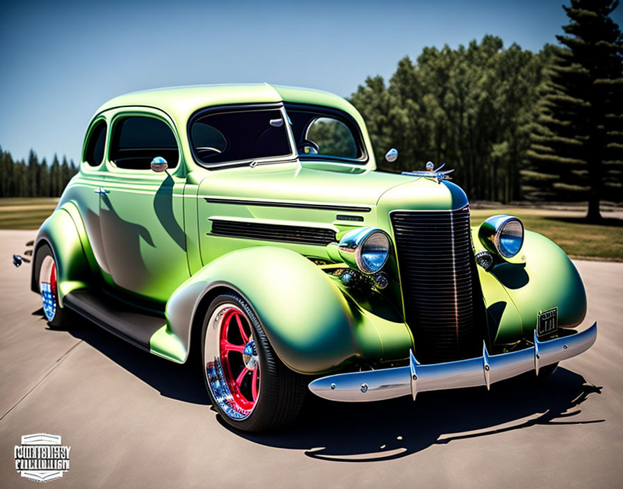 Classic Green Car with Glossy Finish and Red-Rimmed Wheels on Tarmac