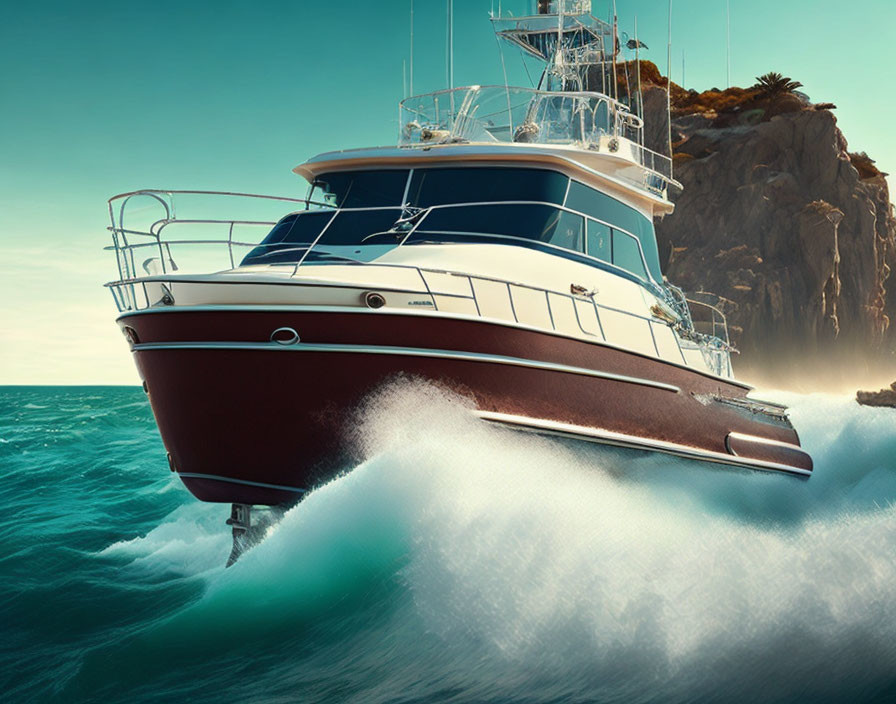 Luxury yacht sailing near rocky cliff under golden sky