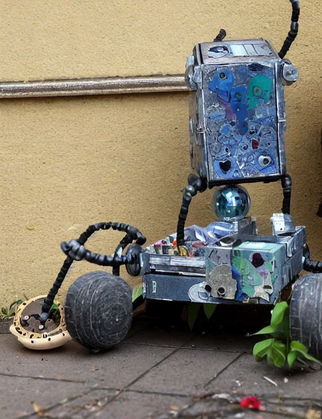 Homemade robot with wheels and painted designs against yellow wall