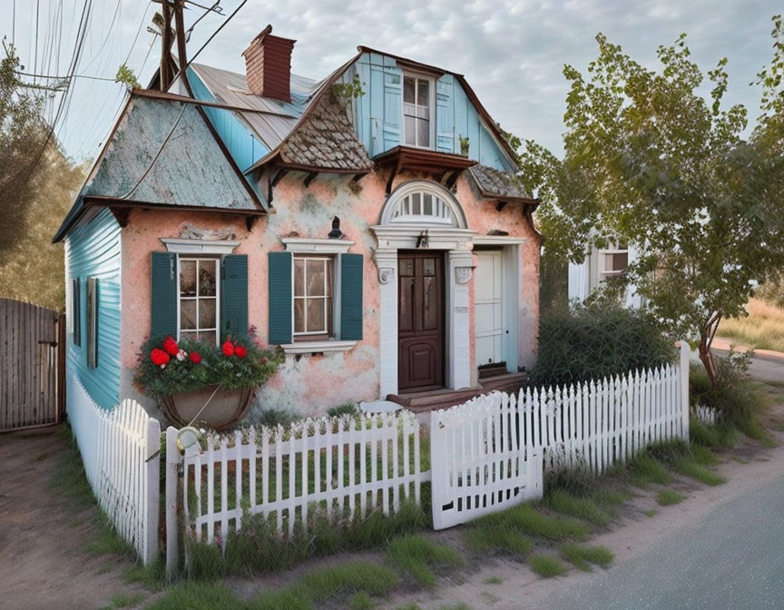 Weathered pink two-story house with teal roof and white picket fence.