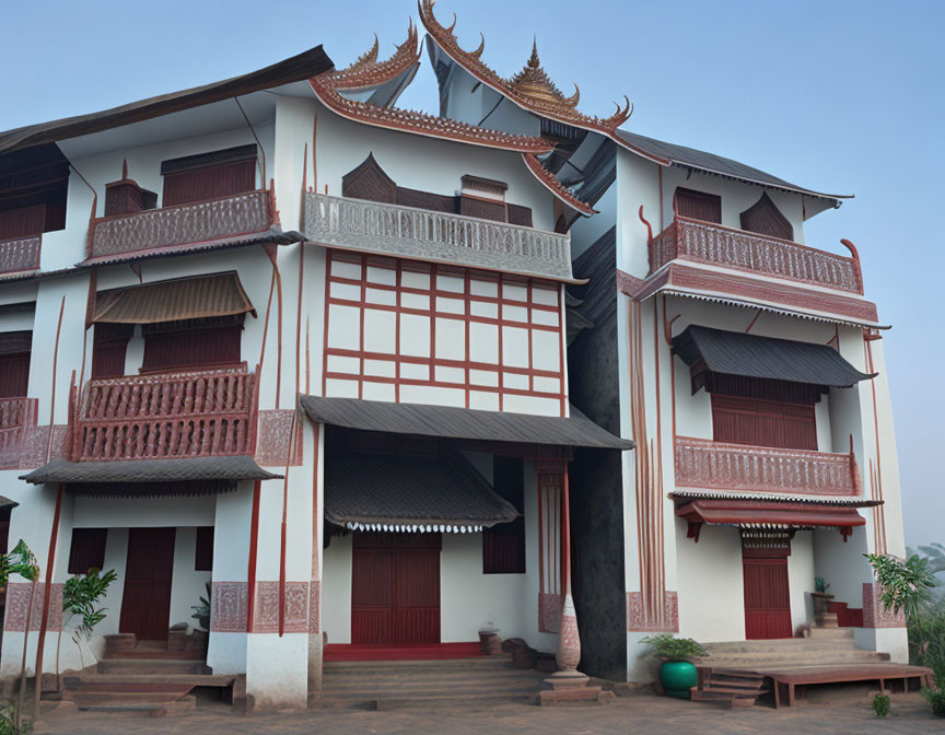 Traditional Asian-style house with tiered roofs and intricate red-and-white patterns