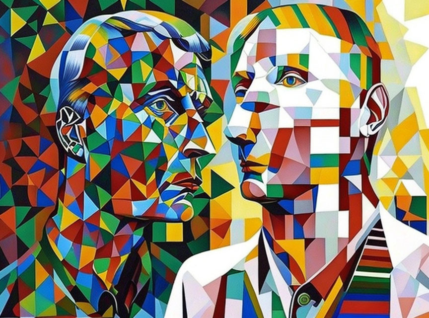 Colorful Cubist Style Painting: Two Male Profiles in Geometric Shapes