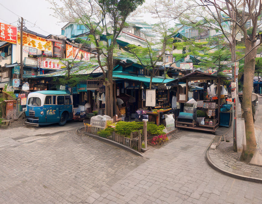 Traditional shops, blue van, trees, and potted plants on busy street under overcast sky