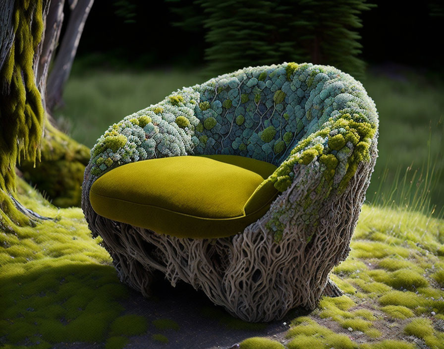 Forest-inspired moss-covered rock chair with intricate textures and yellow cushion