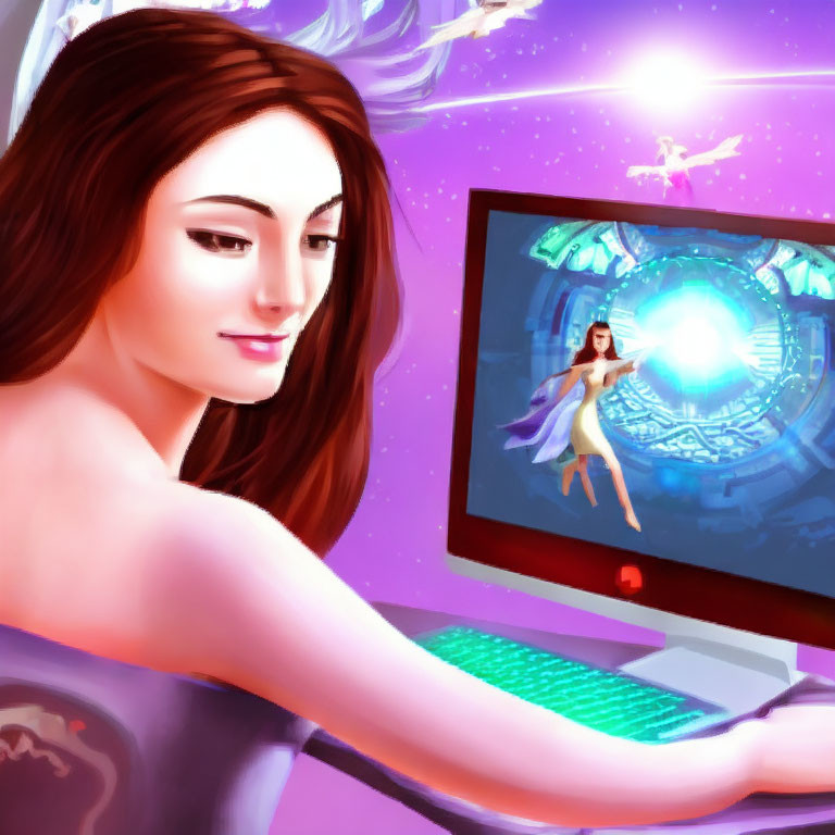 Digital illustration: Smiling woman playing fantasy computer game