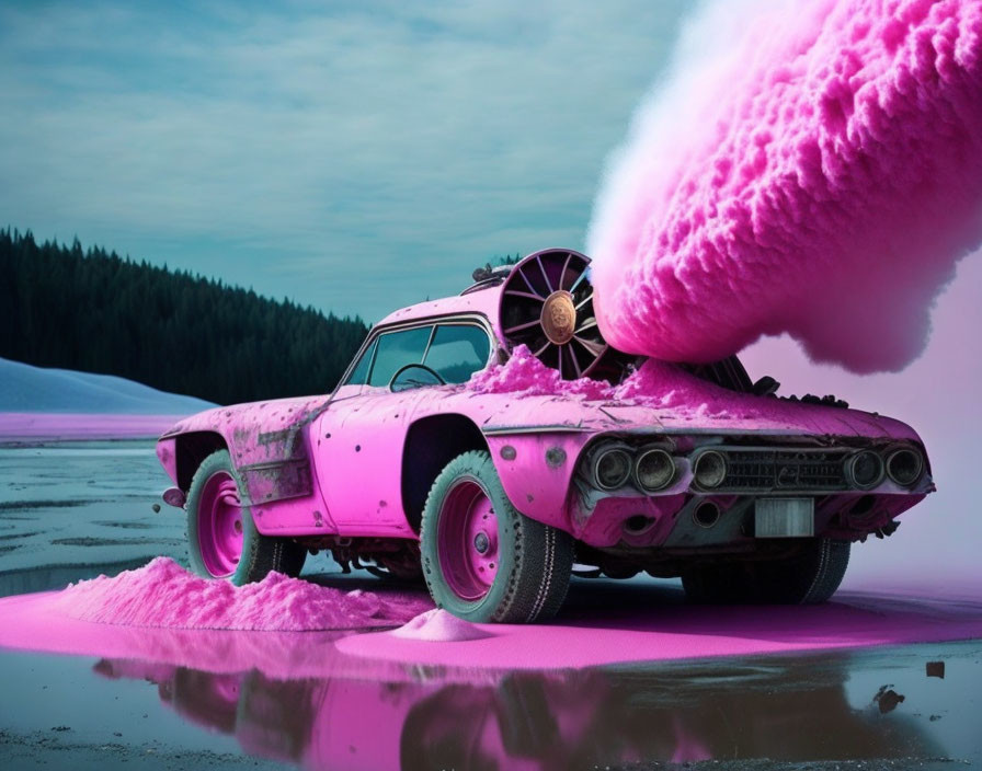 Pink vintage car with fluffy pink exhaust on reflective surface and pink-blue sky.