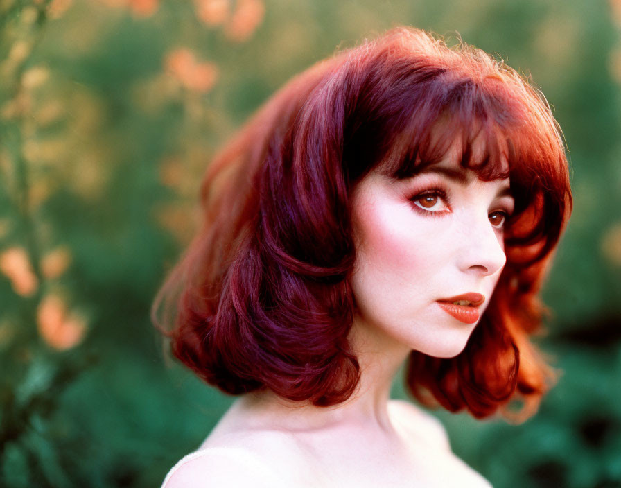 Red-haired woman with bangs gazing at camera on green and orange backdrop