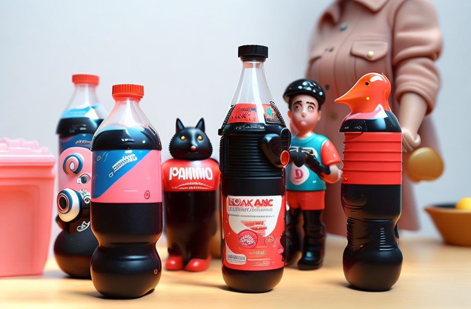 Anthropomorphic soda bottle figures with custom labels on table with blurred person.