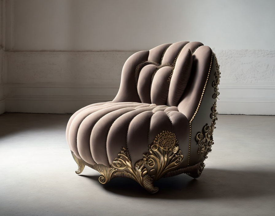 Plush Armchair with Dusty Rose Tufted Upholstery & Golden Accents