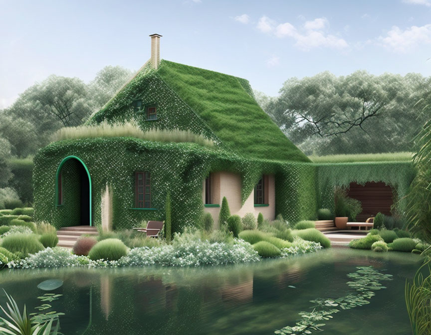 Ivy-covered cottage in lush greenery with serene pond