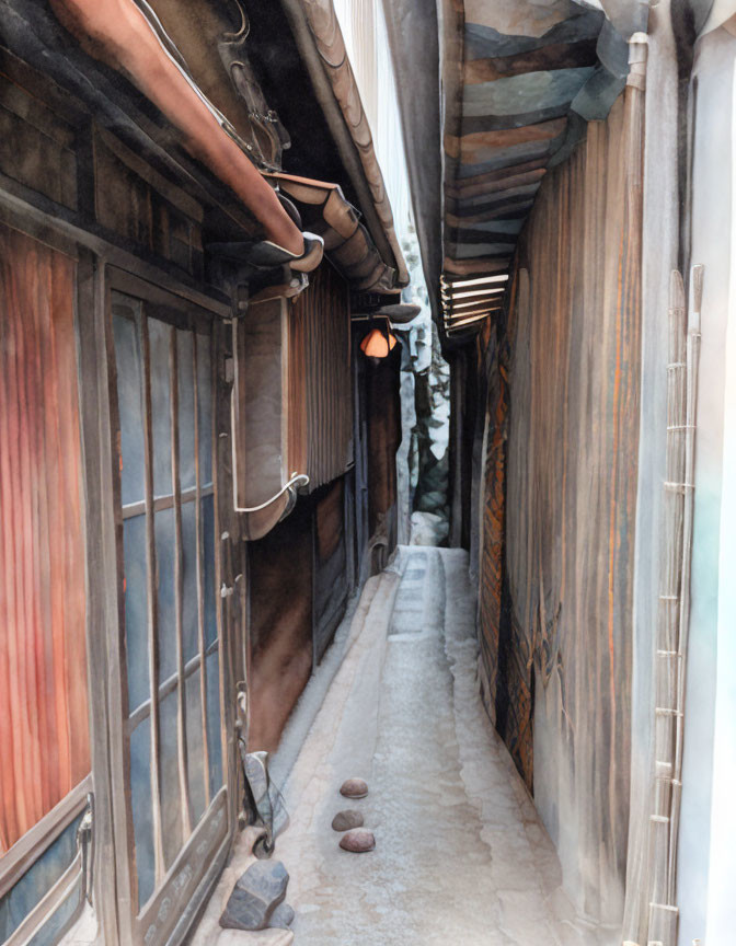 Traditional narrow alleyway with wooden buildings and lanterns