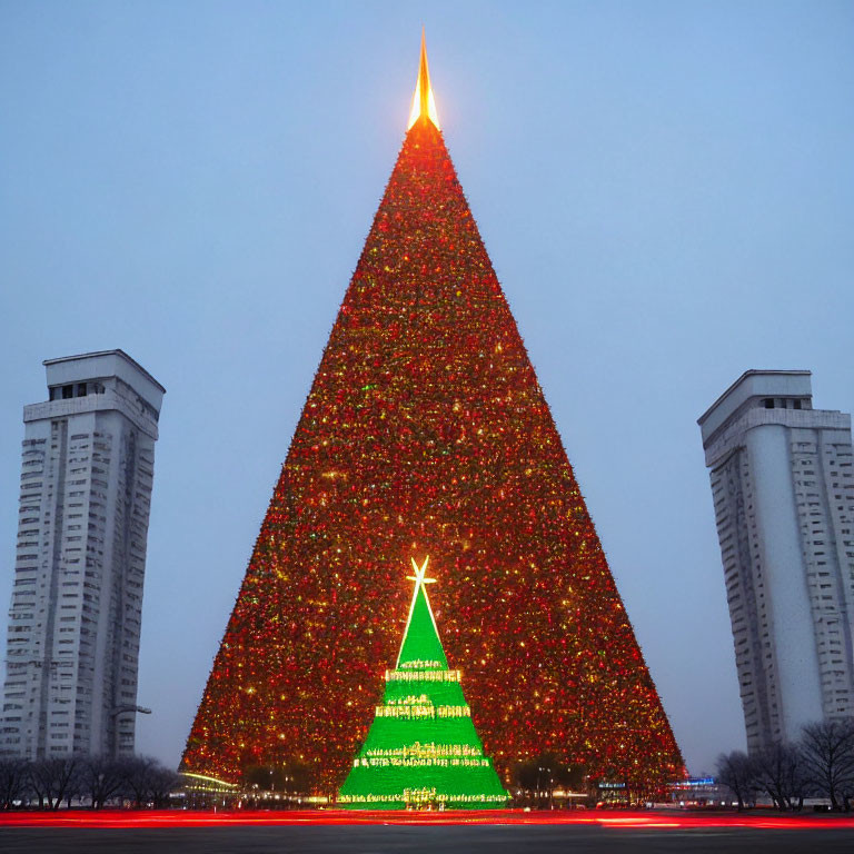 Illuminated triangular Christmas tree between high-rise buildings at dusk