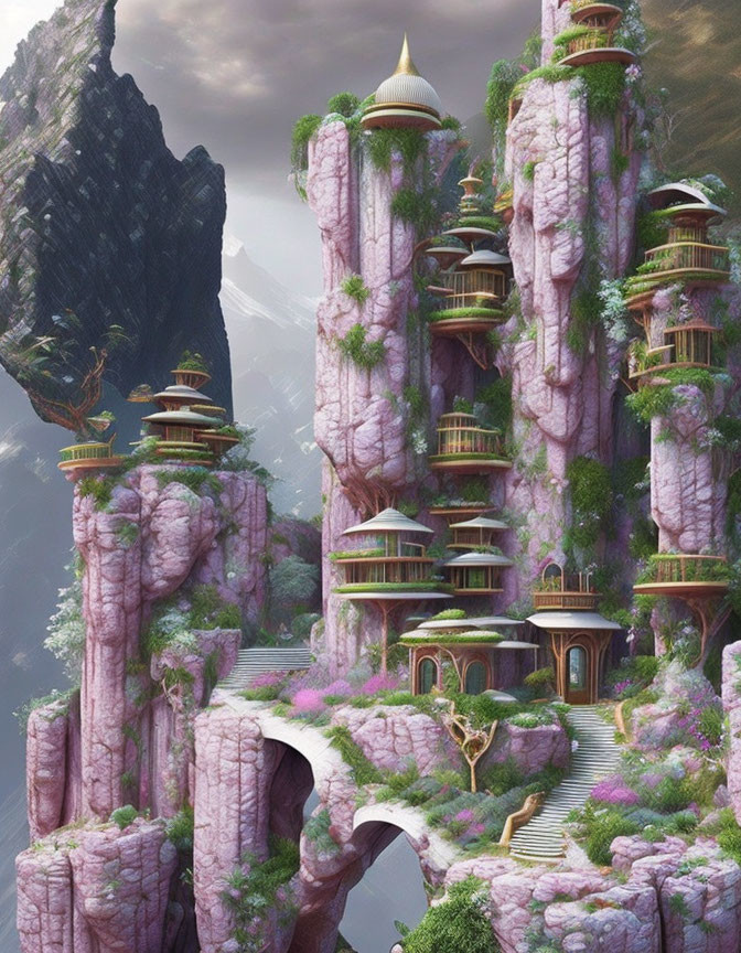 Pink flowering cliffs in fantasy mountain landscape with traditional-style buildings and bridges.