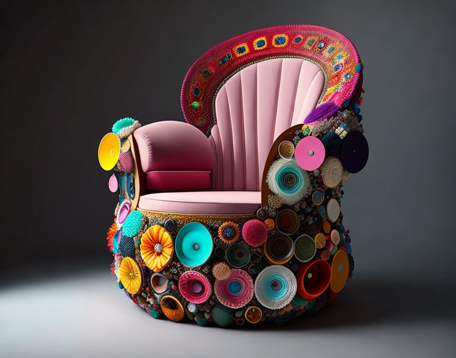 High-back armchair with pink seat & eclectic design featuring vertical pleats and vibrant button, fabric,