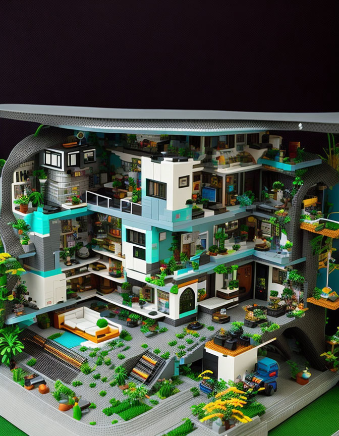 Detailed LEGO diorama of contemporary building with interiors