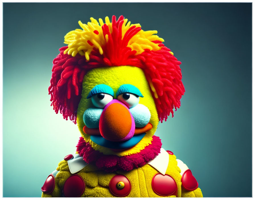 Colorful puppet with red hair, blue eyes, orange nose, yellow outfit.