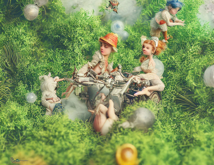 Miniature people riding metallic insect in lush greenery