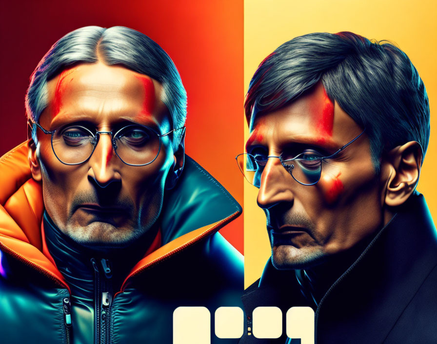 Colorful Stylized Portraits: Man with Glasses on Orange-Blue Gradient Background