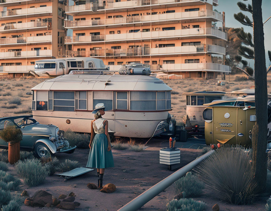 Vintage scene: Woman in green dress by classic car at retro apartment.