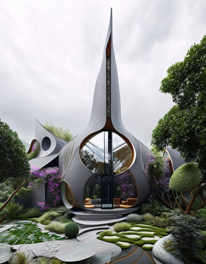 Modern teardrop-shaped building surrounded by glass windows in a lush garden.