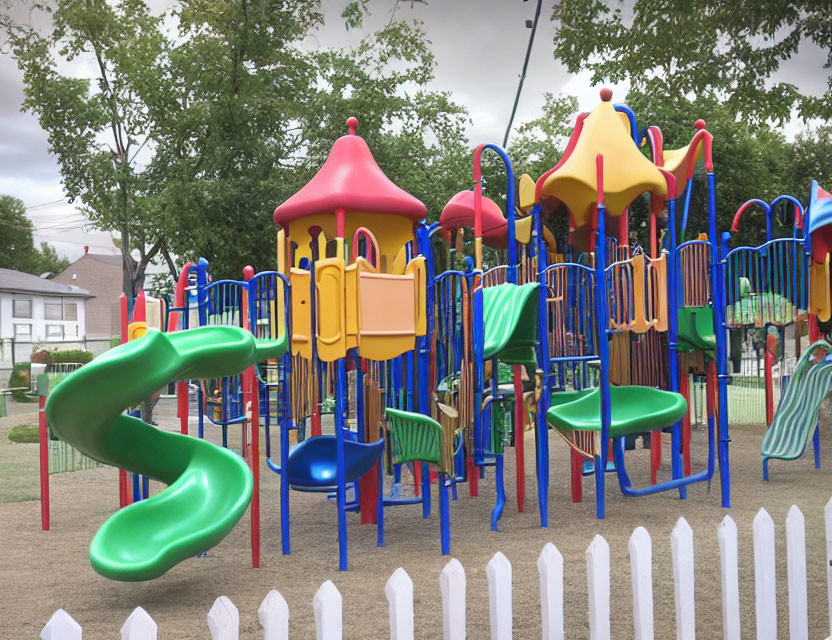 Vibrant playground with slides and climbing structures under cloudy sky