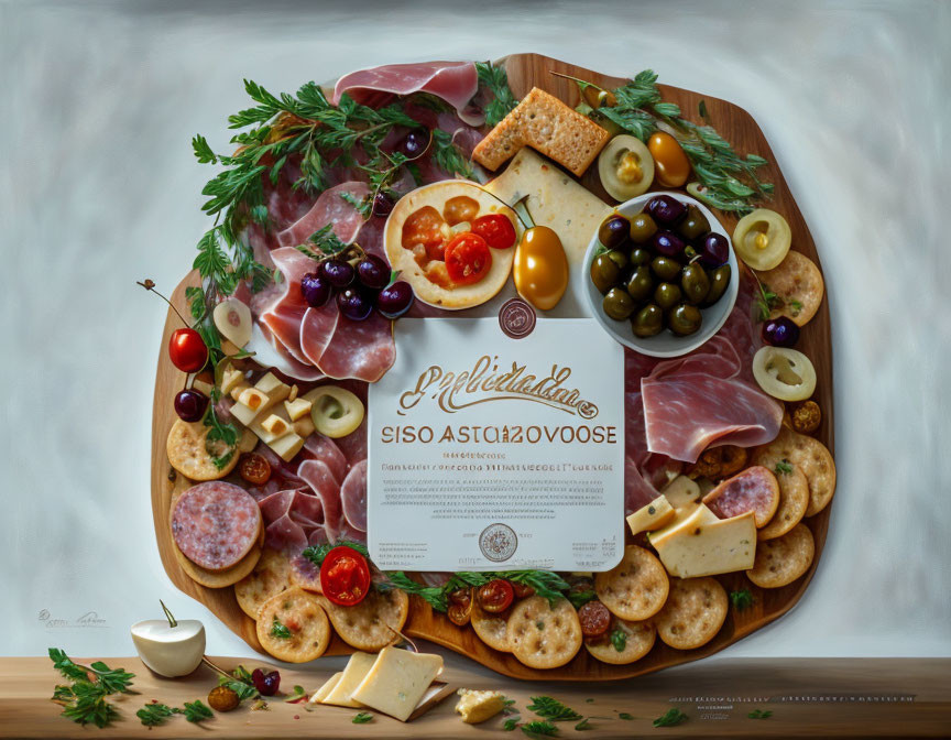 Assorted cheeses, meats, crackers, and olives on wooden platter