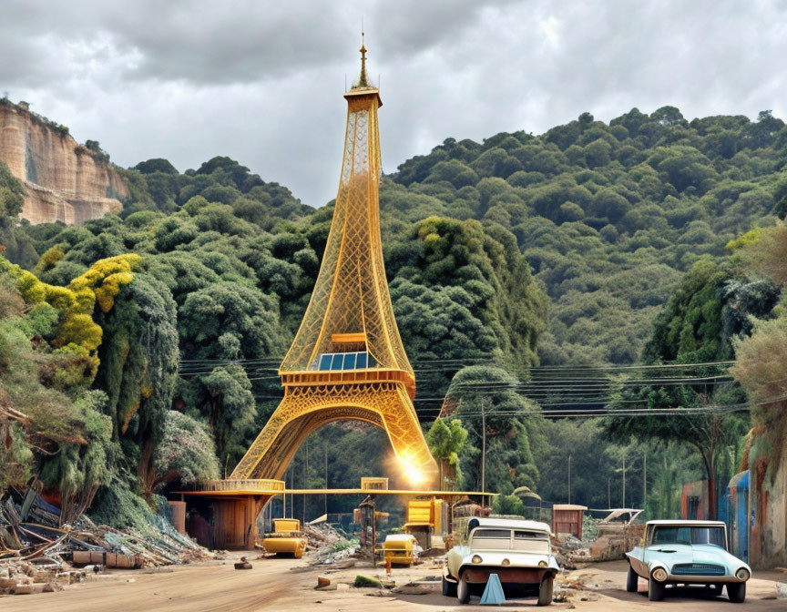 Eiffel Tower in industrial setting with vintage cars.