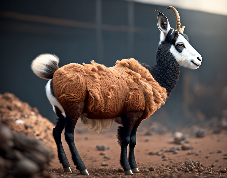 Unique creature with goat's head, sheep's body, and black limbs on dusty ground